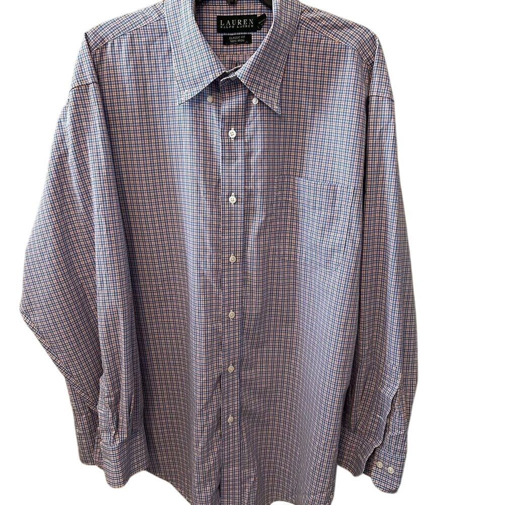 Lauren Ralph Lauren Mens Dress Shirt 18 34/35 Blue Orange Check‎ Non Iron Cotton